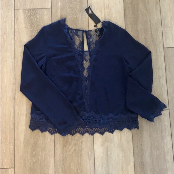 NWT Sugarlips Navy Blue Lace Long Sleeve Blouse - Picture 2 of 4